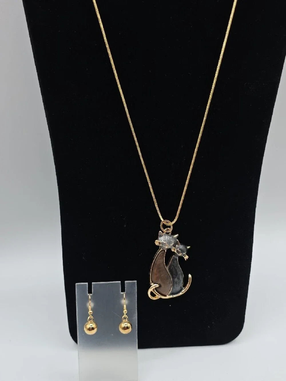 Dual Cat Pendant Necklace with Brown & Black Enamel Cats And Golden Earrings